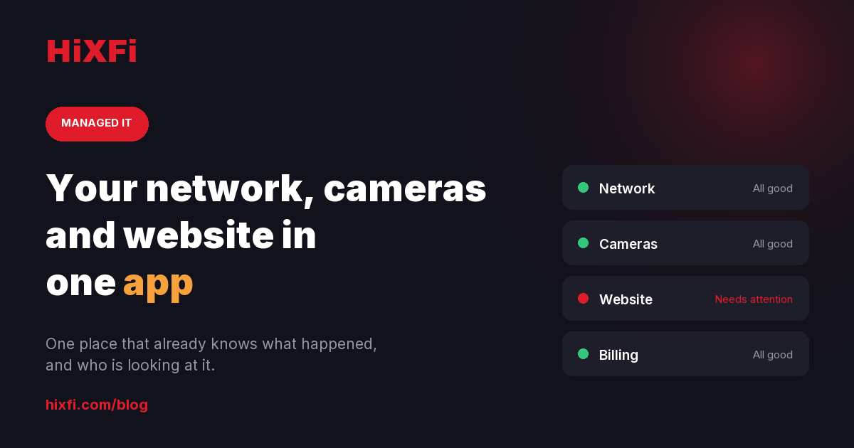 HiXFi app showing network, cameras, website and billing status in one list
