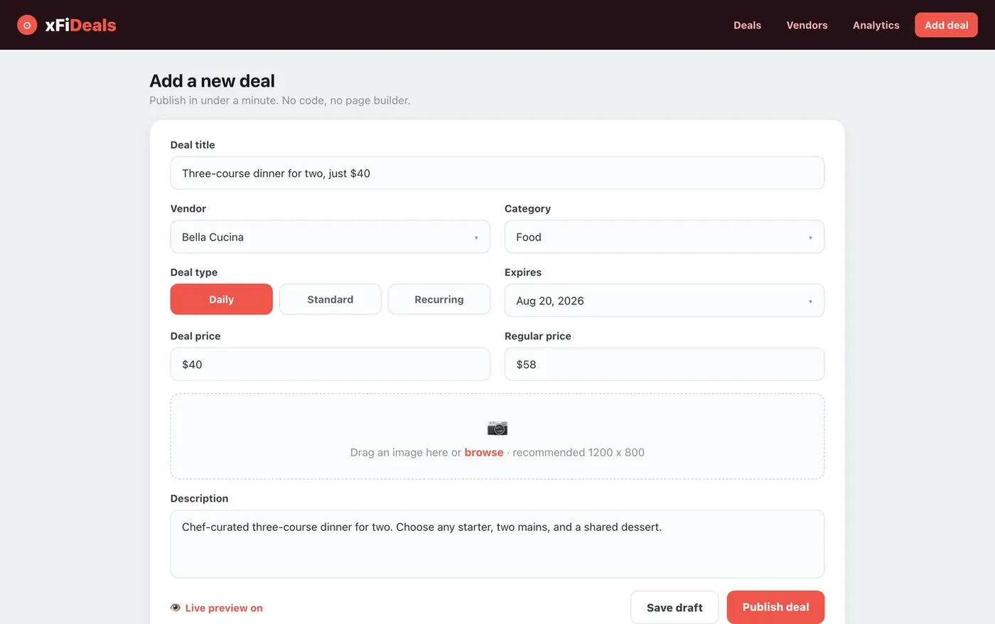xFiDeals add a deal form with title, vendor, category, type, price and image