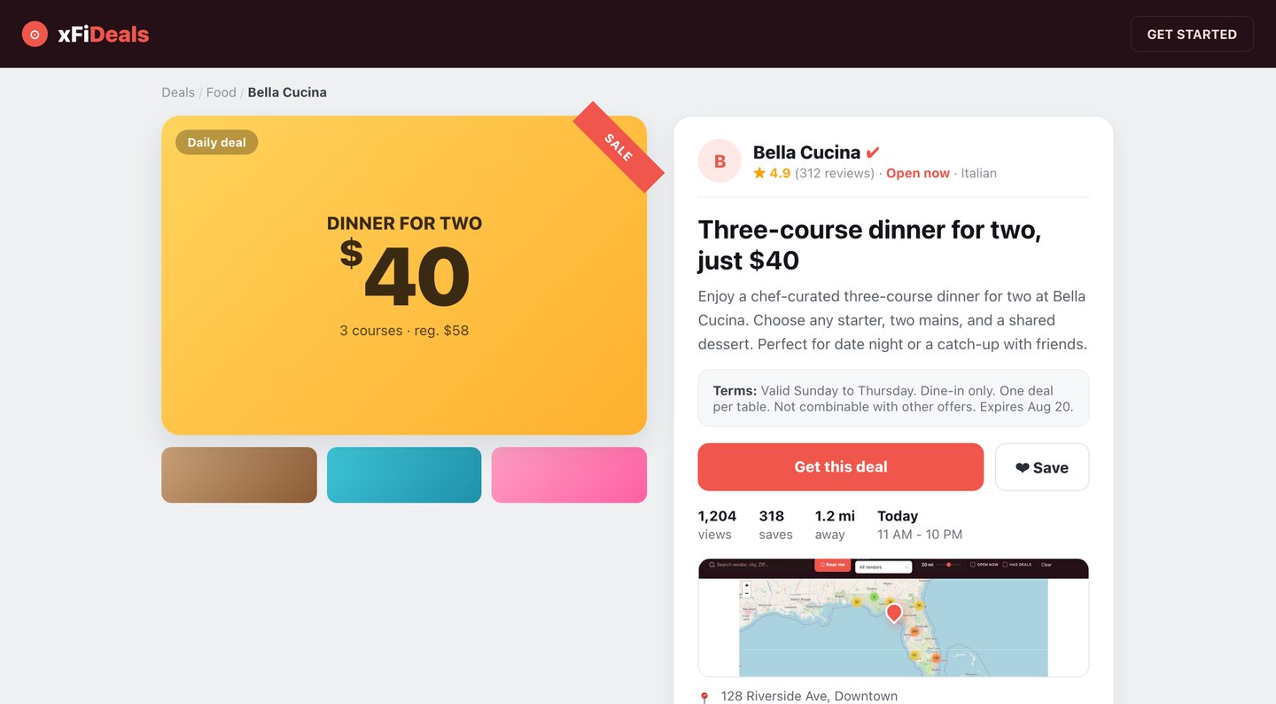 xFiDeals deal detail page with price, terms, hours and a location map