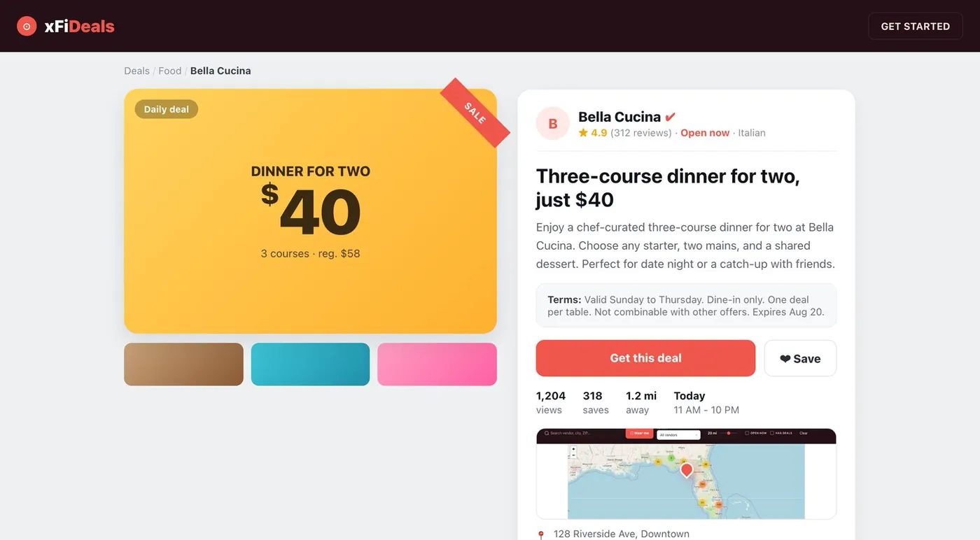 xFiDeals deal detail page with price, terms, hours and a location map
