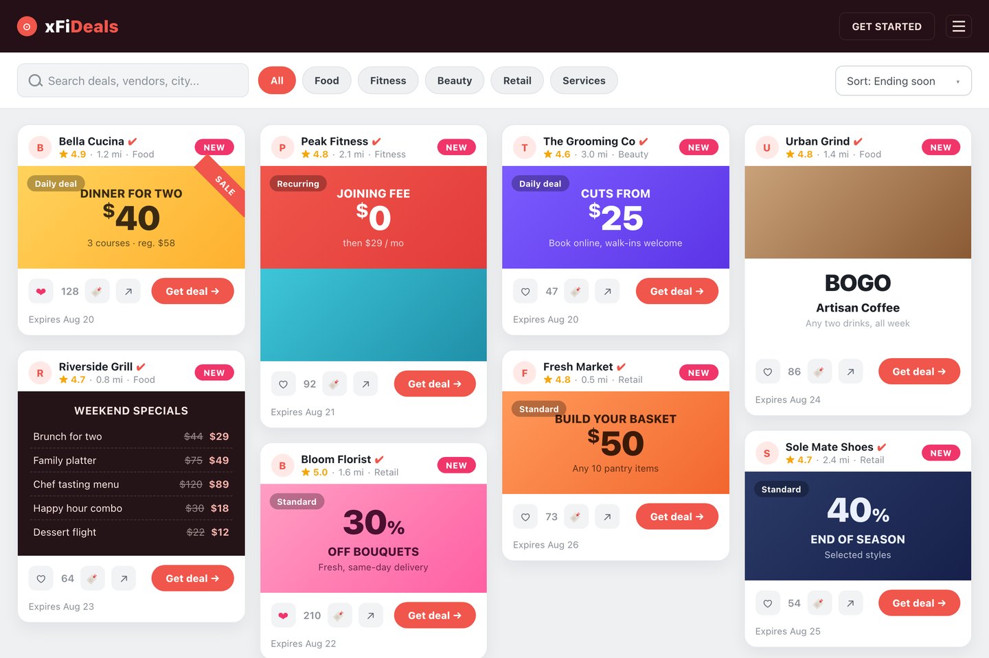 xFiDeals deals feed with category tabs and vendor deal cards