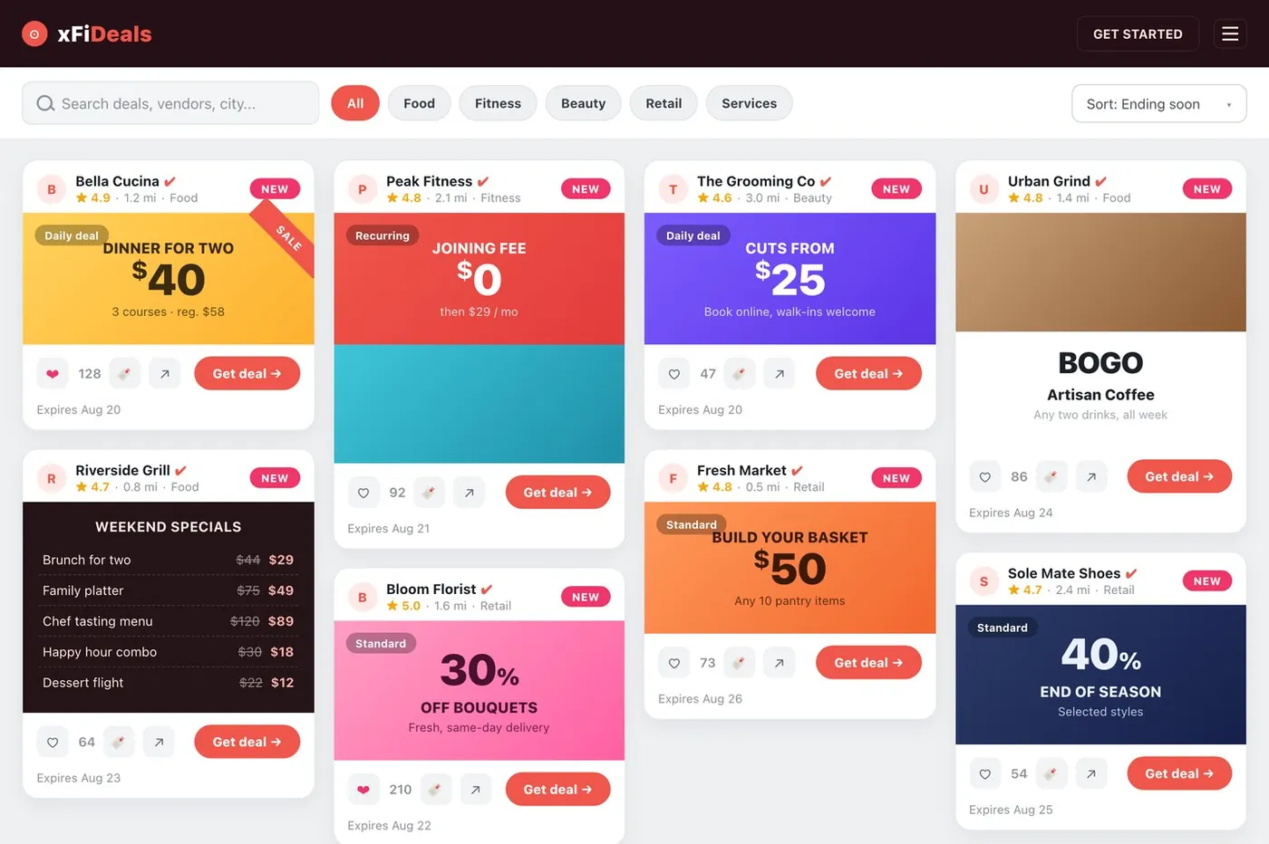 The xFiDeals deal feed with filterable local deal cards across categories