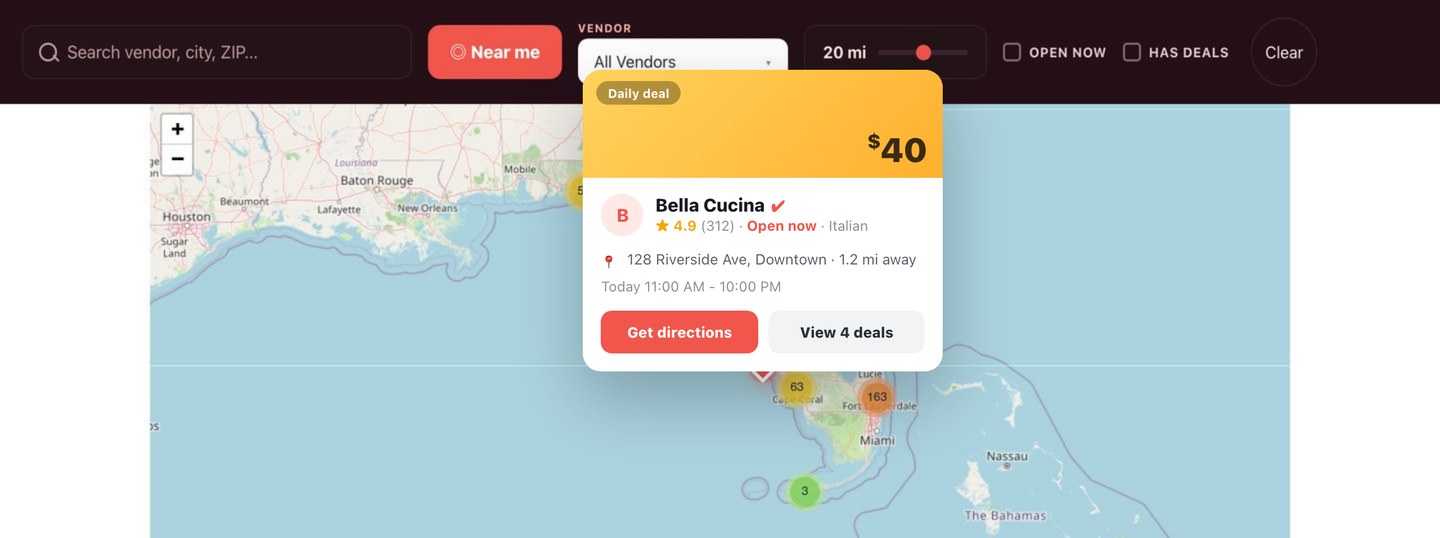 xFiDeals vendor map with a live vendor popup showing ratings, hours and directions