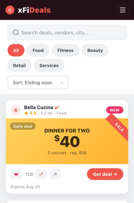 xFiDeals mobile deals feed with Daily, Standard and Recurring tabs