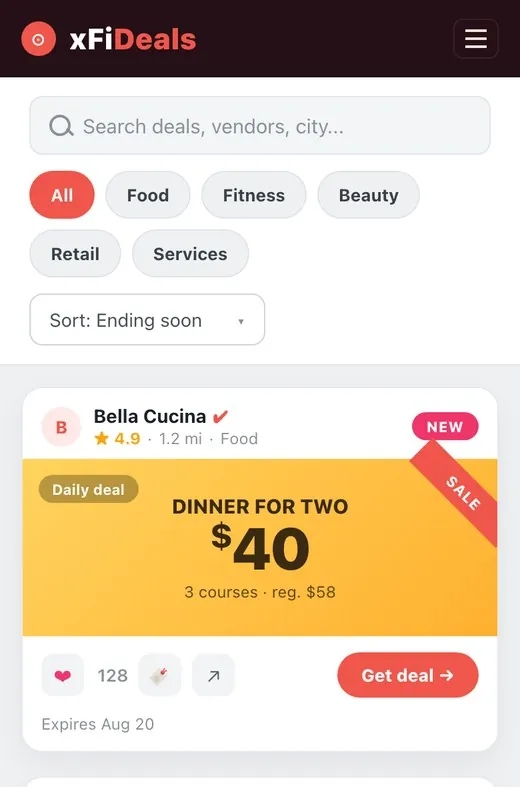 xFiDeals mobile deals feed with category filters and save